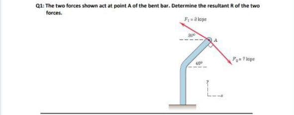 Q1: The two forces shown act at point A of the bent bar. Determine the resultant R of the two
forces.
F = 8 lope
300
F= kape
