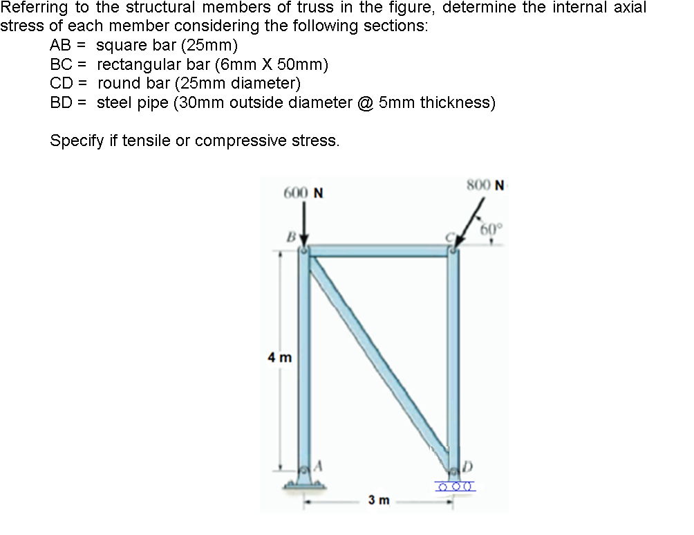 Referring to the structural members of truss in the figure, determine the internal axial
stress of each member considering the following sections:
AB = square bar (25mm)
BC = rectangular bar (6mm X 50mm)
CD = round bar (25mm diameter)
BD = steel pipe (30mm outside diameter @ 5mm thickness)
Specify if tensile or compressive stress.
800 N
600 N
60°
B
4 m
3 m
