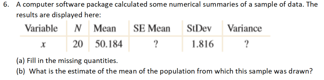 6. A computer software package calculated some numerical summaries of a sample of data. The
results are displayed here:
Variable
N Mean
SE Mean
StDev
Variance
20 50.184
?
1.816
?
(a) Fill in the missing quantities.
(b) What is the estimate of the mean of the population from which this sample was drawn?
