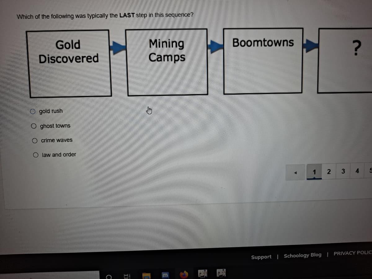 Which of the following was typically the LAST step in this sequence?
Boomtowns
Gold
Discovered
Mining
Camps
O gold rush
O ghost towns
O crime waves
O law and order
3
4
5
PRIVACY POLIC
Support | Schoology Blog
C
