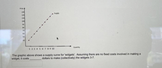 130
120
110
100
90
80
70
Supply
Quantity
1 2 3 4 5 6 7 8 9 10
The graphic above shows a supply curve for 'widgets'. Assuming there are no fixed costs involved in making a
widget, it costs
dollars to make (collectively) the widgets 3-7.