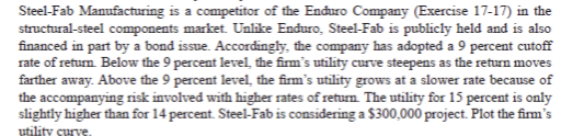 Steel-Fab Manufacturing is a competitor of the Enduro Company (Exercise 17-17) in the
structural-steel components market. Unlike Enduro, Steel-Fab is publicly held and is also
financed in part by a bond issue. Accordingly, the company has adopted a 9 percent cutoff
rate of return. Below the 9 percent level, the firm's utility curve steepens as the return moves
farther away. Above the 9 percent level, the firm's utility grows at a slower rate because of
the accompanying risk involved with higher rates of return. The utility for 15 percent is only
slightly higher than for 14 percent. Steel-Fab is considering a $300,000 project. Plot the firm's
utility Sy