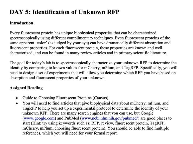 DAY 5: Identification of Unknown RFP
Introduction
Every fluorescent protein has unique biophysical properties that can be characterized
spectroscopically using different complimentary techniques. Even fluorescent proteins of the
same apparent 'color' (as judged by your eye) can have dramatically different absorption and
fluorescent properties. For each fluorescent protein, these properties are known and well
characterized, and can be found in many review articles and in primary scientific literature.
The goal for today's lab is to spectroscopically characterize your unknown RFP to determine the
identity by comparing to known values for mCherry, mPlum, and TagRFP. Specifically, you will
need to design a set of experiments that will allow you determine which RFP you have based on
absorption and fluorescent properties of your unknown.
Assigned Reading
⚫ Guide to Choosing Fluorescent Proteins (Canvas)
You will need to find articles that give biophysical data about mCherry, mPlum, and
TagRFP to help you set up a experimental protocol to determine the identity of your
unknown RFP. There are many search engines that you can use, but Google
(www.google.com) and PubMed (www.ncbi.nlm.nih.gov/pubmed/) are good places to
start (Hint: try using keywords such as: RFP, review, fluorescent protein, TagRFP,
mCherry, mPlum, choosing fluorescent protein). You should be able to find multiple
references, which you will need for your formal report.