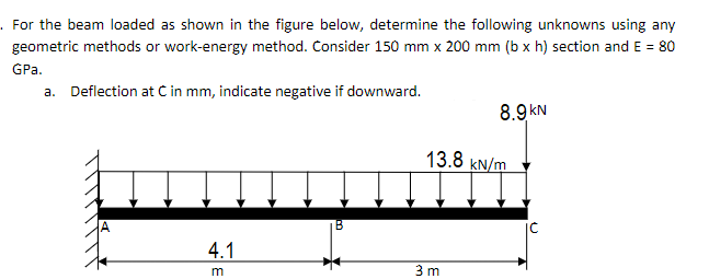 . For the beam loaded as shown in the figure below, determine the following unknowns using any
geometric methods or work-energy method. Consider 150 mm x 200 mm (b x h) section and E = 80
GPa.
a. Deflection at C in mm, indicate negative if downward.
8.9 kN
13.8 kN/m
4.1
m
3 m
