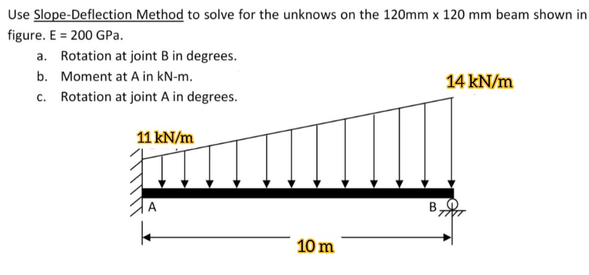 Use Slope-Deflection Method to solve for the unknows on the 120mm x 120 mm beam shown in
figure. E = 200 GPa.
Rotation at joint B in degrees.
а.
b. Moment at A in kN-m.
14 kN/m
С.
Rotation at joint A in degrees.
11 kN/m
B
10 m

