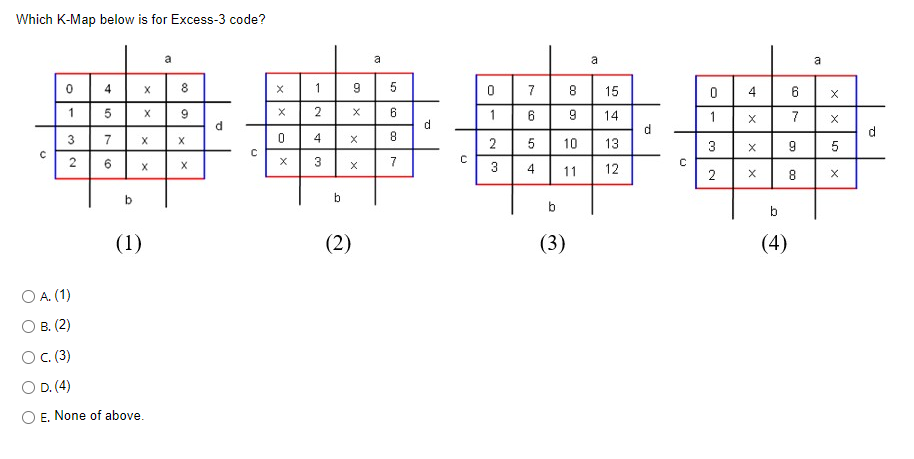 Which K-Map below is for Excess-3 code?
U
с
0
1
3
2
O A. (1)
B. (2)
O c. (3)
O D. (4)
4
5
7
(0
6
b
X
X
X
(1)
X
E. None of above.
a
8
9
X
X
d
U
X
Xx
0
X
1
2
4
3
b
9
(2)
X
X
a
5
687
d
с
0
1
2
3
7
6
8
9
5 10
4
11
(3)
a
15
54
14
13
12
d
с
U
0
1
3
2
st
4
X
X
X
b
(4)
6
7
9
8
(3
a
X
X
5
X
d