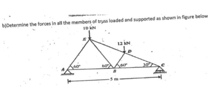 b)Determine the forces in all the members of truss loaded and supported as shown in figure below
10 kN
12 iN
60
60
60
B

