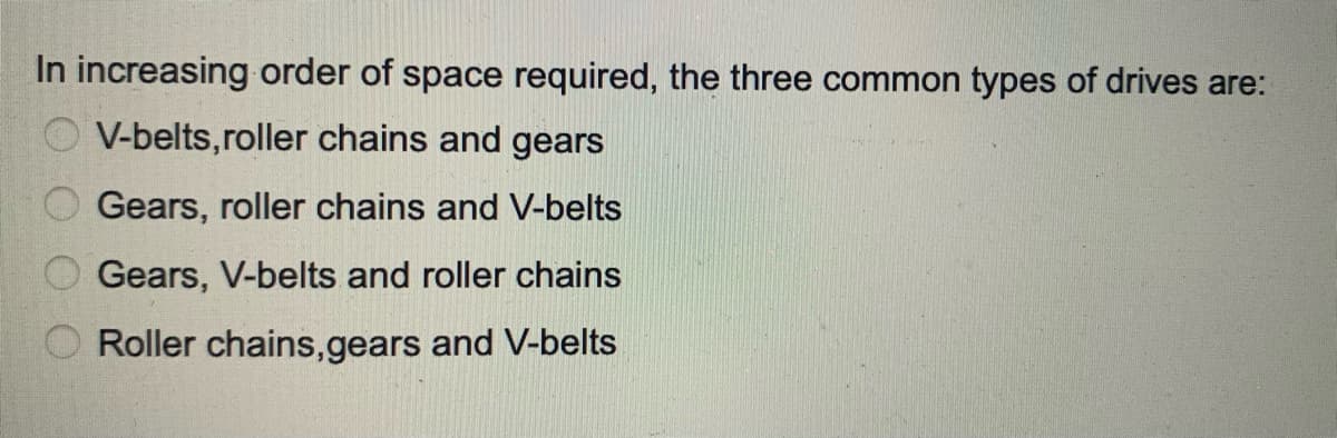 In increasing order of space required, the three common types of drives are:
V-belts, roller chains and gears
Gears, roller chains and V-belts
Gears, V-belts and roller chains
Roller chains, gears and V-belts