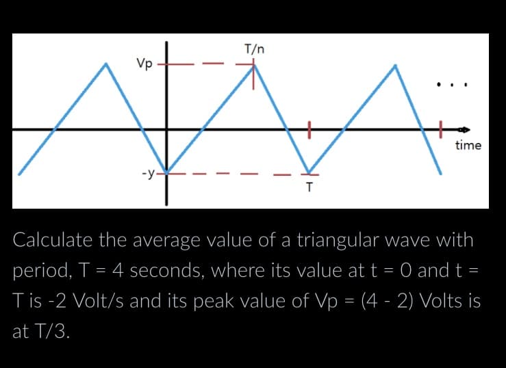 T/n
ATAA.
T
Vp
-y-
time
Calculate the average value of a triangular wave with
period, T = 4 seconds, where its value at t = 0 and t =
Tis -2 Volt/s and its peak value of Vp = (4 - 2) Volts is
at T/3.