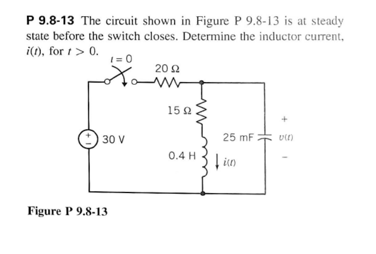 P 9.8-13 The circuit shown in Figure P 9.8-13 is at steady
state before the switch closes. Determine the inductor current,
i(t), for t> 0.
1 = 0
X
30 V
Figure P 9.8-13
20 22
www
15Ω
0.4 H
25 mF
↓i(t)
+
U (I)