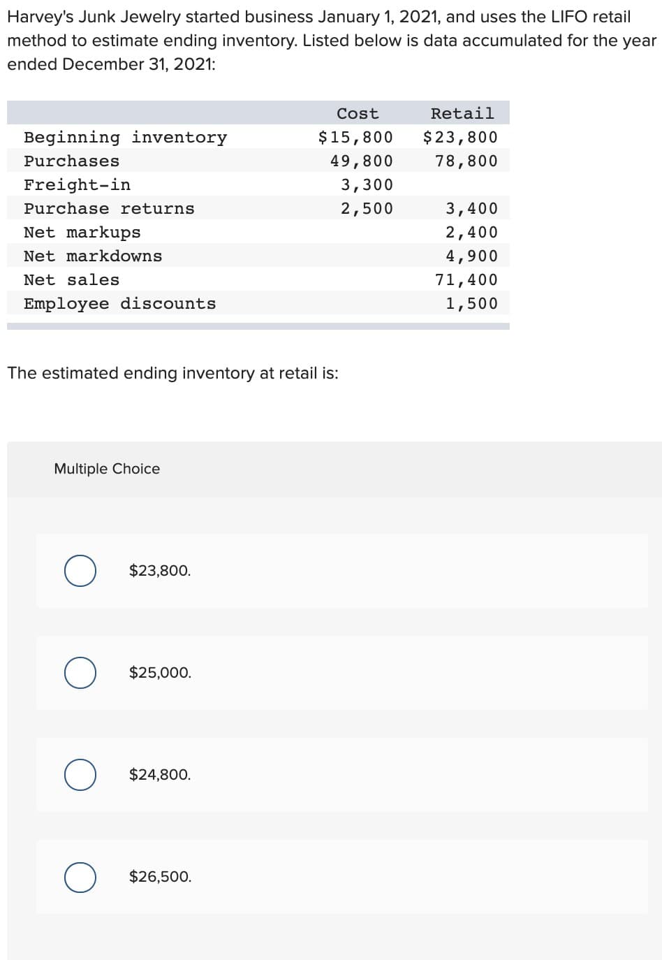 Harvey's Junk Jewelry started business January 1, 2021, and uses the LIFO retail
method to estimate ending inventory. Listed below is data accumulated for the year
ended December 31, 2021:
Cost
Retail
Beginning inventory
$15,800
$23,800
Purchases
49,800
78,800
Freight-in
3,300
Purchase returns
2,500
3,400
Net markups
2,400
Net markdowns
4,900
Net sales
Employee discounts
71,400
1,500
The estimated ending inventory at retail is:
Multiple Choice
○ $23,800.
о
$25,000.
○ $24,800.
$26,500.