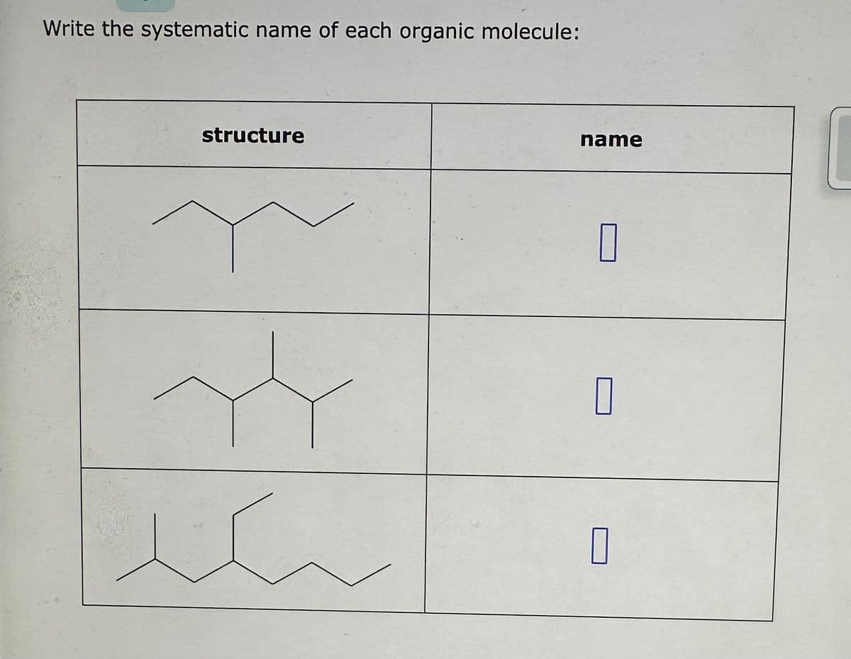 Write the systematic name of each organic molecule:
structure
in
name
0
0