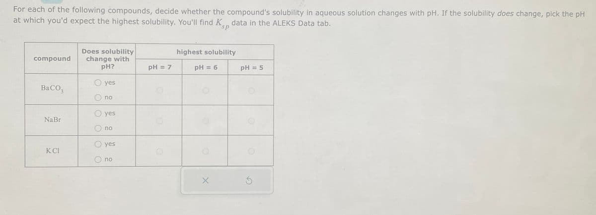 For each of the following compounds, decide whether the compound's solubility in aqueous solution changes with pH. If the solubility does change, pick the pH
at which you'd expect the highest solubility. You'll find K
data in the ALEKS Data tab.
sp
compound
BaCO3
NaBr
KC1
Does solubility
change with
pH?
yes
no
yes
no
yes
no
pH = 7
highest solubility
pH = 6
X
pH = 5