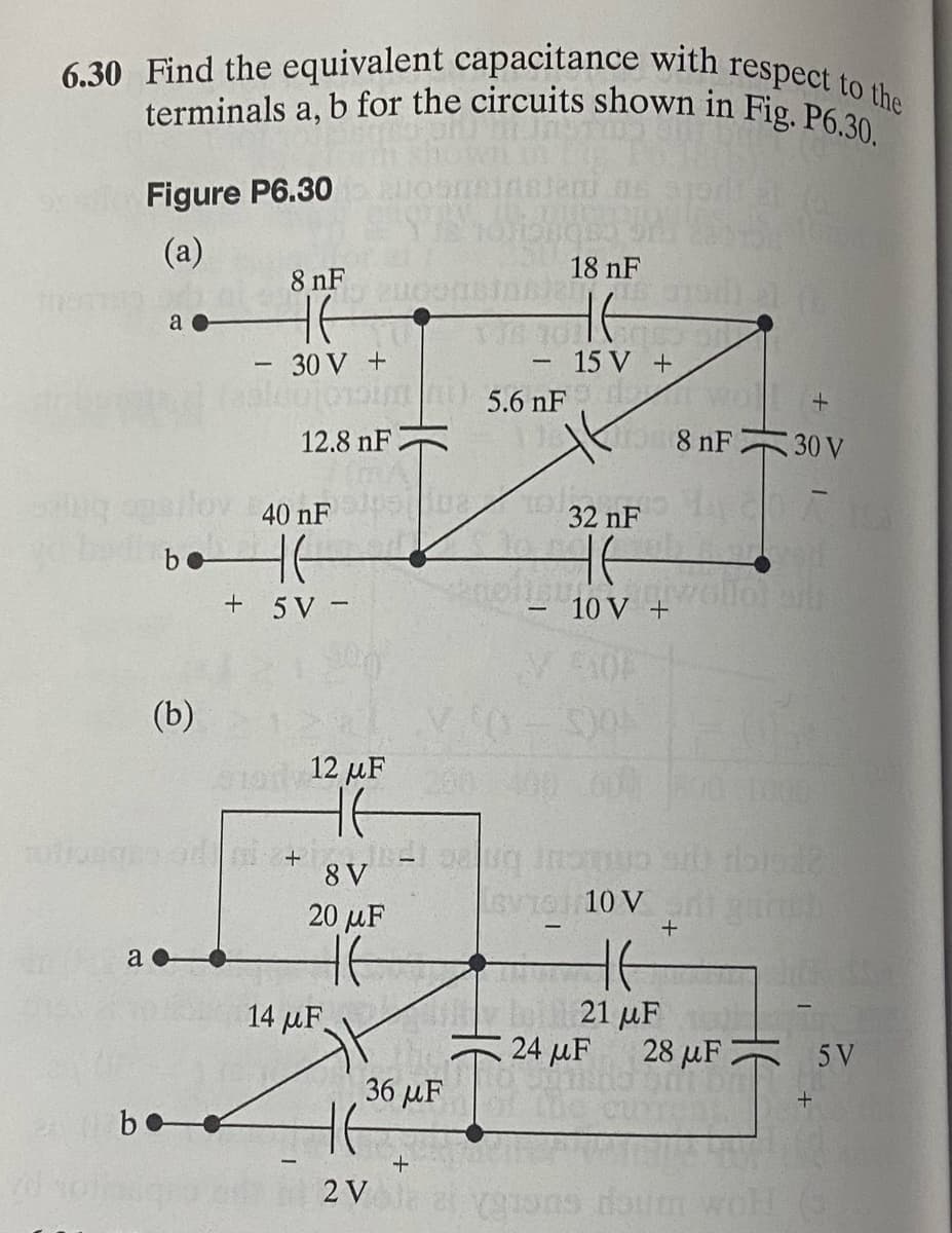 6.30 Find the equivalent capacitance with respect to the
terminals a, b for the circuits shown in Fig. P6.30.
Figure P6.30
(a)
a
a o
(b)
8 nF
H6
- 30 V +
lov 40 nF
bet
+ 5V-
12.8 nF.
mot 12 µF
HE
boo
20 μF
tt
14 uF.
36 μF
2 V
18 nF
BETT
HE
rotiveges admi: +8y=120g Inst
V
+
5.6 nF
el
15 V +
32 nF
HE
10 V +
Y 510F
HE
21 μF
8 nF
51612
sviel 10 V eni gund
+
16
24 μF
+
30 V
28 μF 5V
Ytons douth woH
+
