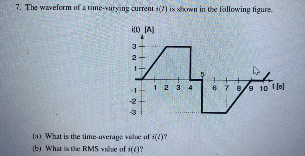 7. The waveform of a time-varying current i(t) is shown in the following figure.
i(t) [A]
3
2
1+
-1-
-2-
-3+
1 2 3
(a) What is the time-average value of i(t)?
(b) What is the RMS value of i(t)?
4
ما
6 7
8
9 10 t [s]