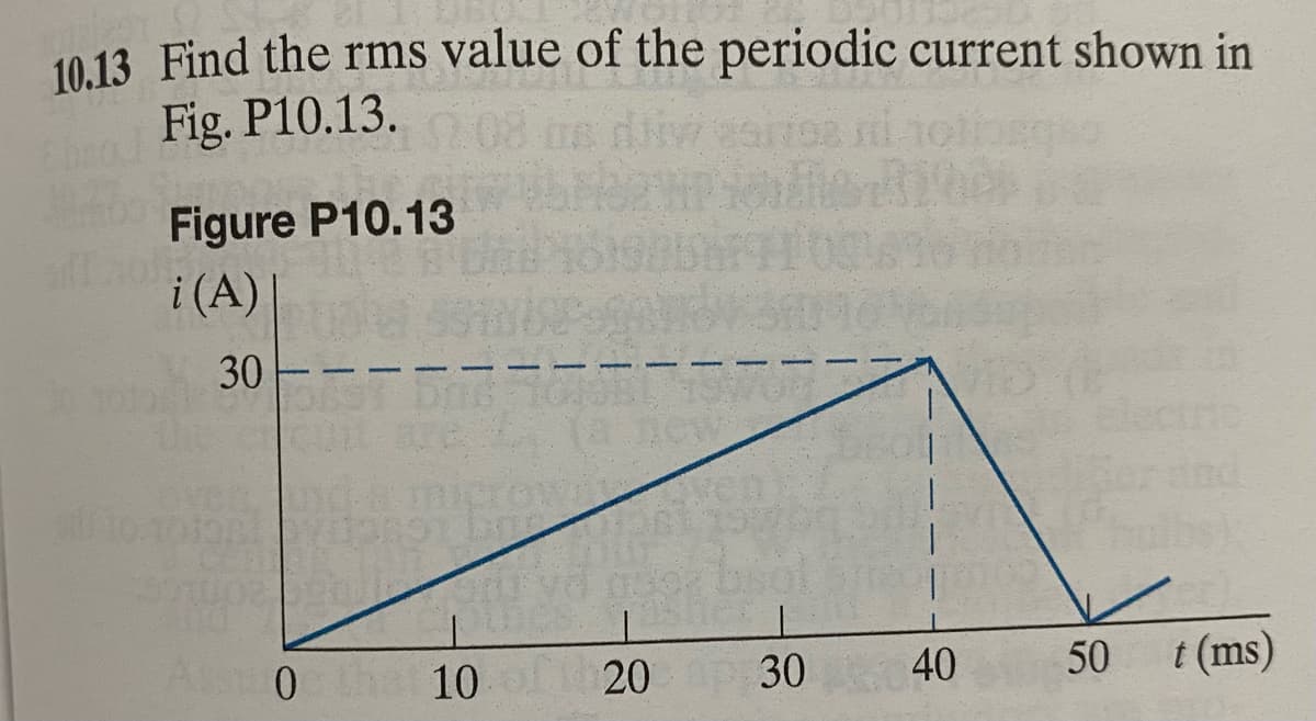 10.13 Find the rms value of the periodic current shown in
Fig. P10.13.
Figure P10.13
i (A)
30
With
Ass 0
10
20
30
40
50
t (ms)