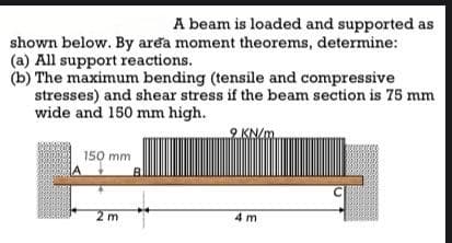 A beam is loaded and supported as
shown below. By area moment theorems, determine:
(a) All support reactions.
(b) The maximum bending (tensile and compressive
stresses) and shear stress if the beam section is 75 mm
wide and 150 mm high.
9 KN/m
150 mm
2 m
4m