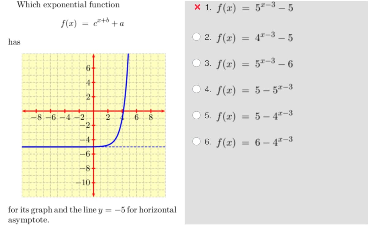 Which exponential function
f(x)
c²+b
has
=
8-6-4-2
6-
4-
2-
19
-2-
-4+
-6
-8-
-10
N.
+ a
∞
for its graph and the line y = -5 for horizontal
asymptote.
× 1. f(x)
=
52-3–5
2. f(x)
3. f(x)
4. f(x)
5. f(x) = 5 — 4ª−3
6. f(x)
=
42-3-5
5-3_6
5-5-3
= 6-4-3