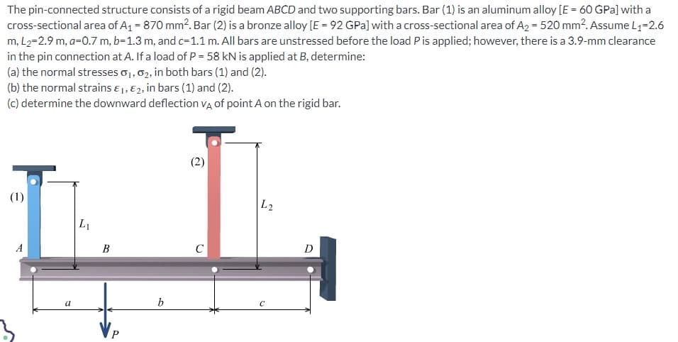 The pin-connected structure consists of a rigid beam ABCD and two supporting bars. Bar (1) is an aluminum alloy [E = 60 GPa] with a
cross-sectional area of A₁ = 870 mm². Bar (2) is a bronze alloy [E = 92 GPa] with a cross-sectional area of A₂ = 520 mm². Assume L₁=2.6
m, L2=2.9 m, a=0.7 m, b=1.3 m, and c-1.1 m. All bars are unstressed before the load P is applied; however, there is a 3.9-mm clearance
in the pin connection at A. If a load of P = 58 kN is applied at B, determine:
(a) the normal stresses 0₁, 02, in both bars (1) and (2).
(b) the normal strains &1, E2, in bars (1) and (2).
(c) determine the downward deflection VA of point A on the rigid bar.
(1)
a
L₁
B
P
b
(2)
C
L2
с
D
