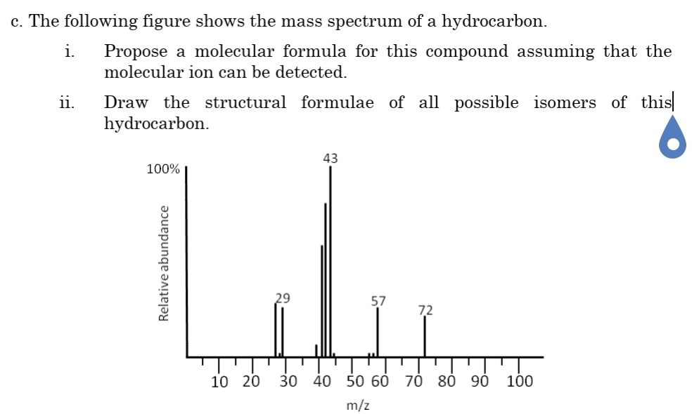 c. The following figure shows the mass spectrum of a hydrocarbon.
i.
Propose a molecular formula for this compound assuming that the
molecular ion can be detected.
Draw the structural formulae of all possible isomers of this
hydrocarbon.
ii.
43
100%
29
57
72
10 20
30
40 50 60
70 80 90
100
m/z
Relative abundance
