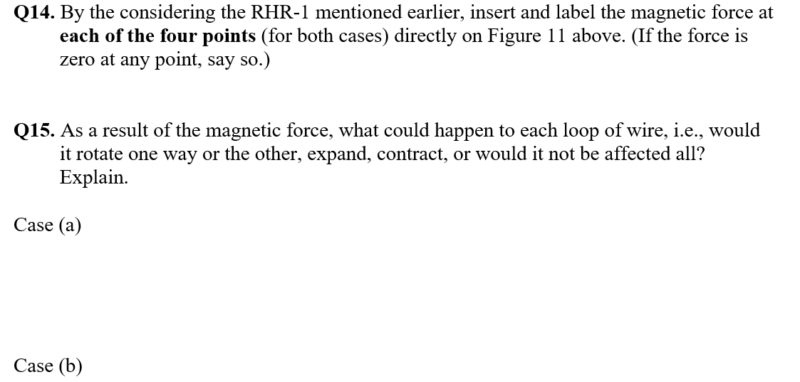 Q14. By the considering the RHR-1 mentioned earlier, insert and label the magnetic force at
each of the four points (for both cases) directly on Figure 11 above. (If the force is
zero at any point, say so.)
Q15. As a result of the magnetic force, what could happen to each loop of wire, i.e., would
it rotate one way or the other, expand, contract, or would it not be affected all?
Explain.
Case (a)
Case (b)
