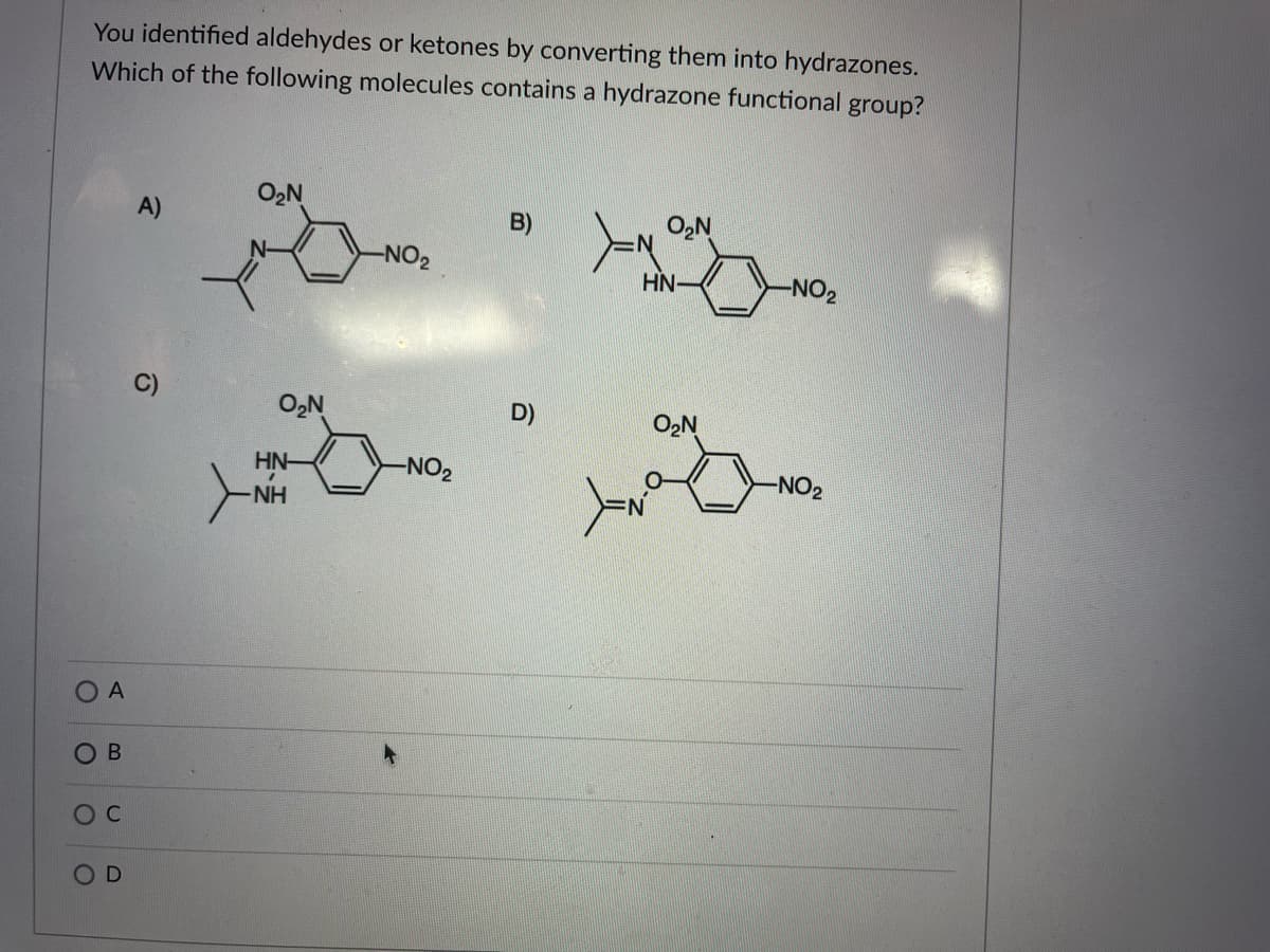You identified aldehydes or ketones by converting them into hydrazones.
Which of the following molecules contains a hydrazone functional group?
O2N
A)
B)
O,N
-NO2
HN-
-NO2
C)
O,N
D)
O2N
HN-
-NO2
NO2
NH
OC
