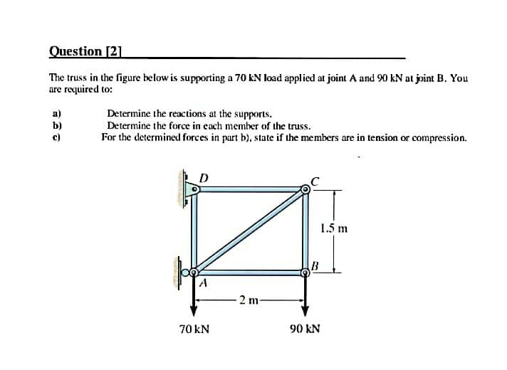Question [2]
The truss in the figure below is supporting a 70 kN load applied at joint A and 90 kN at joint B. You
are required to:
a)
b)
c)
Determine the reactions at the supports.
Determine the force in each member of the truss.
For the determined forces in part b), state if the members are in tension or compression.
70 kN
2 m-
B
90 kN
1.5 m