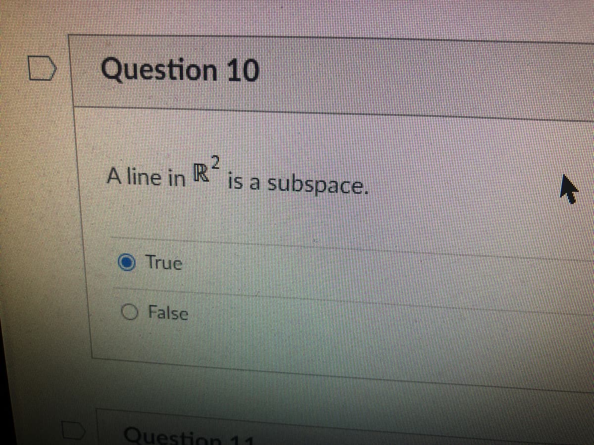 D
0
Question 10
A line in R
Truc
False
is a subspace.
Question 11