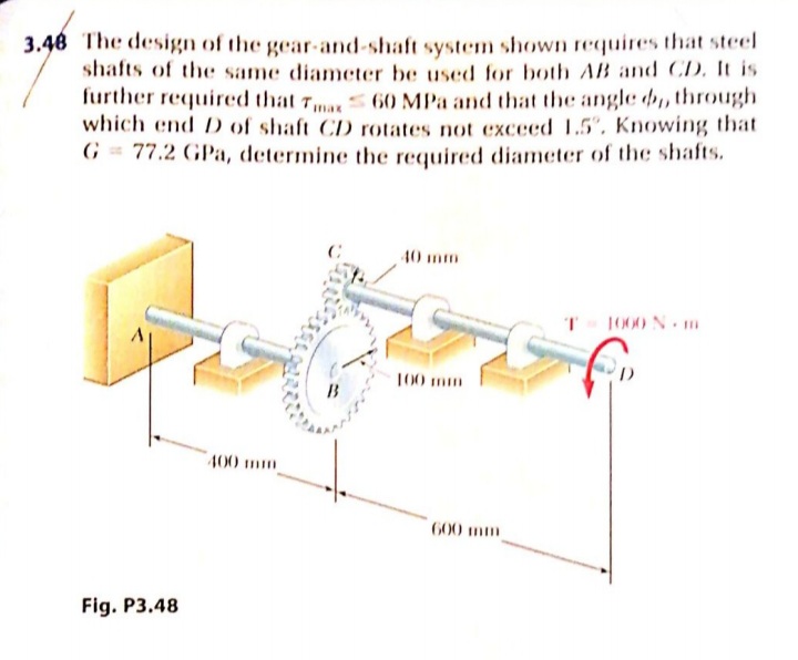 3.48 The design of the gear-and-shaft system shown requires that steel
shafts of the same diameter be used for both AB and CD. It is
further required that 7ma60 MPa and that the angle d, through
which end D of shaft CD rotates not exceed 1.5. Knowing that
G = 77.2 GPa, determine the required diamcter of the shafts.
40 mm
1000 N m
100 mm
400 mm
600 mm
Fig. P3.48

