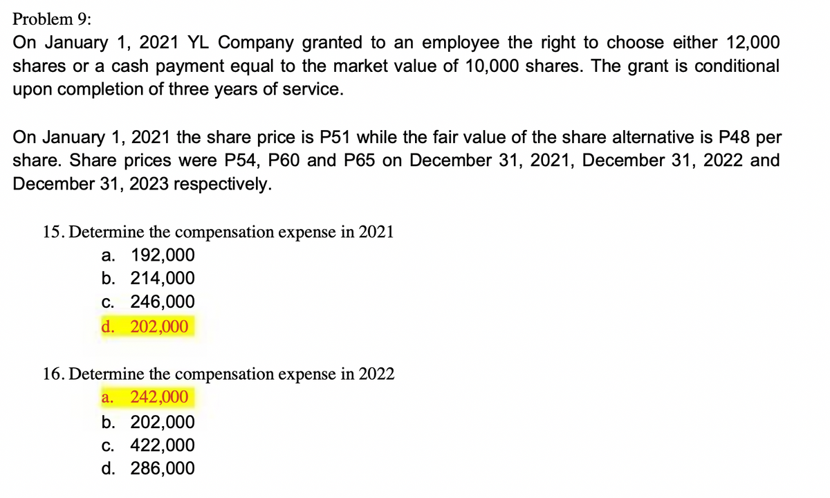 Problem 9:
On January 1, 2021 YL Company granted to an employee the right to choose either 12,000
shares or a cash payment equal to the market value of 10,000 shares. The grant is conditional
upon completion of three years of service.
On January 1, 2021 the share price is P51 while the fair value of the share alternative is P48 per
share. Share prices were P54, P60 and P65 on December 31, 2021, December 31, 2022 and
December 31, 2023 respectively.
15. Determine the compensation expense in 2021
a. 192,000
b. 214,000
c. 246,000
d. 202,000
16. Determine the compensation expense in 2022
a. 242,000
b. 202,000
c. 422,000
d. 286,000