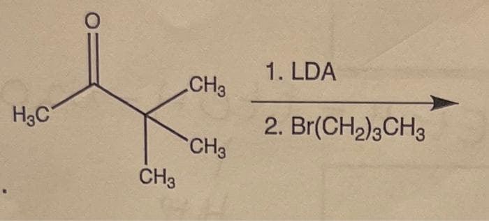 H3C
CH3
CH3
CH3
1. LDA
2. Br(CH₂)3CH3