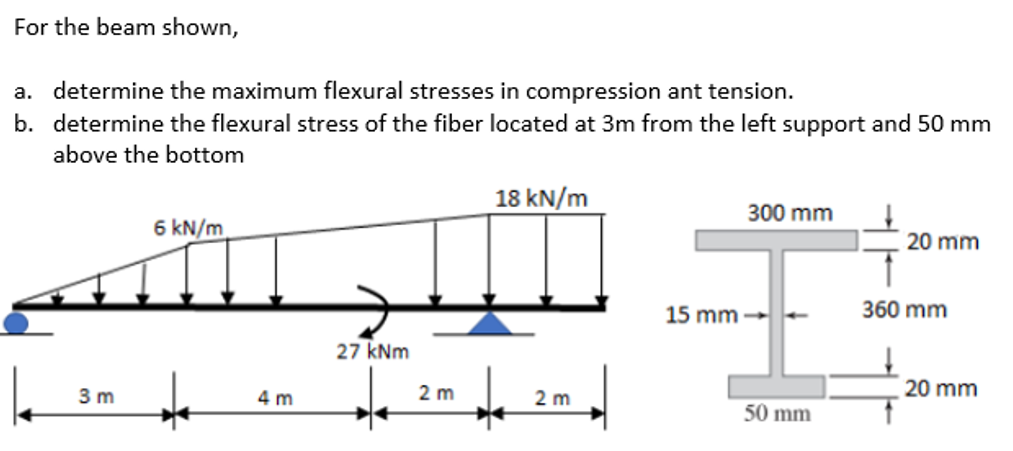 For the beam shown,
a. determine the maximum flexural stresses in compression ant tension.
b. determine the flexural stress of the fiber located at 3m from the left support and 50 mm
above the bottom
18 kN/m
300 mm
6 kN/m
20 mm
27 kNm
2 m
3m
4 m
2 m
+
15 mm-
50 mm
360 mm
20 mm