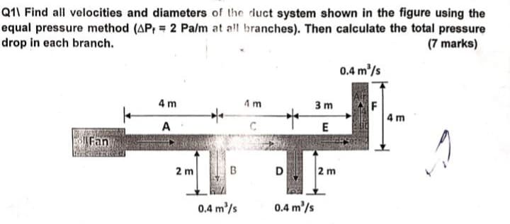 Q1\ Find all velocities and diameters of the duct system shown in the figure using the
equal pressure method (AP, 2 Palm at all branches). Then calculate the total pressure
drop in each branch.
(7 marks)
Fan
0.4 m³/s
4 m
4 m
3 m
4 m
A
C
E
2 m
B
D
2 m
0.4 m³/s
0.4 m³/s