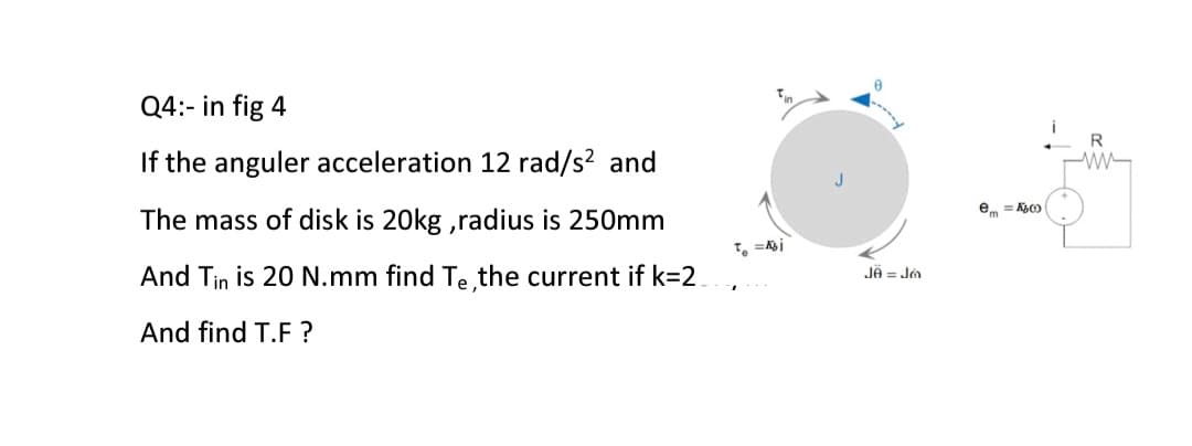 Q4:- in fig 4
If the anguler acceleration 12 rad/s² and
The mass of disk is 20kg,radius is 250mm
And Tin is 20 N.mm find Te,the current if k=2
And find T.F?
Tin
Te =Abi
JA = Jó
em=A00(
R