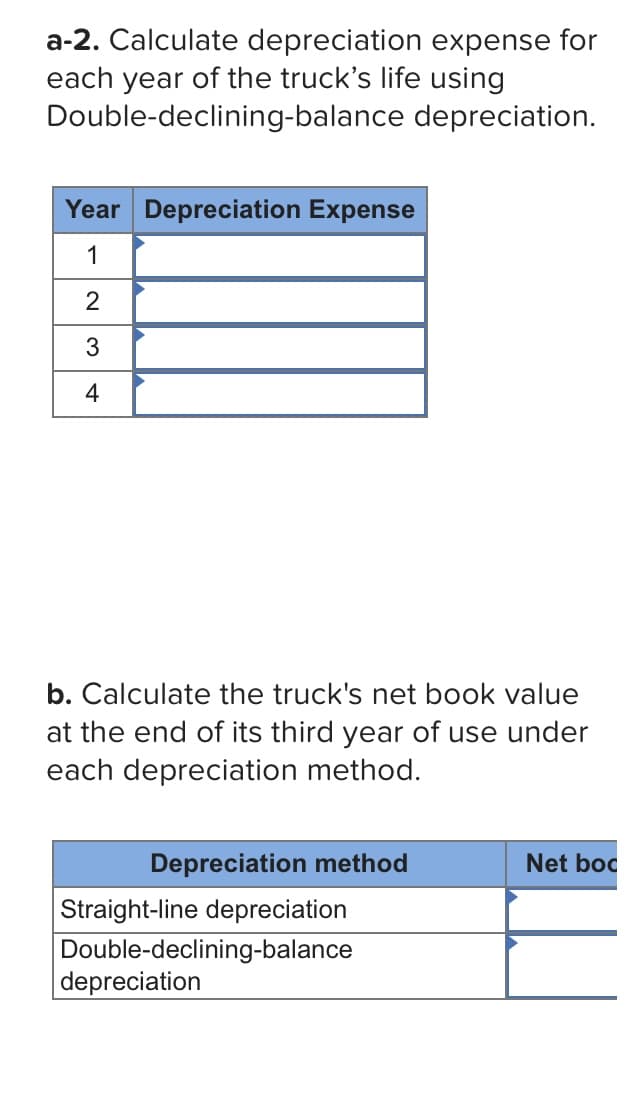 a-2. Calculate depreciation expense for
each year of the truck's life using
Double-declining-balance depreciation.
Year Depreciation Expense
1
2
b. Calculate the truck's net book value
at the end of its third year of use under
each depreciation method.
Depreciation method
Net boc
Straight-line depreciation
Double-declining-balance
depreciation
4.
