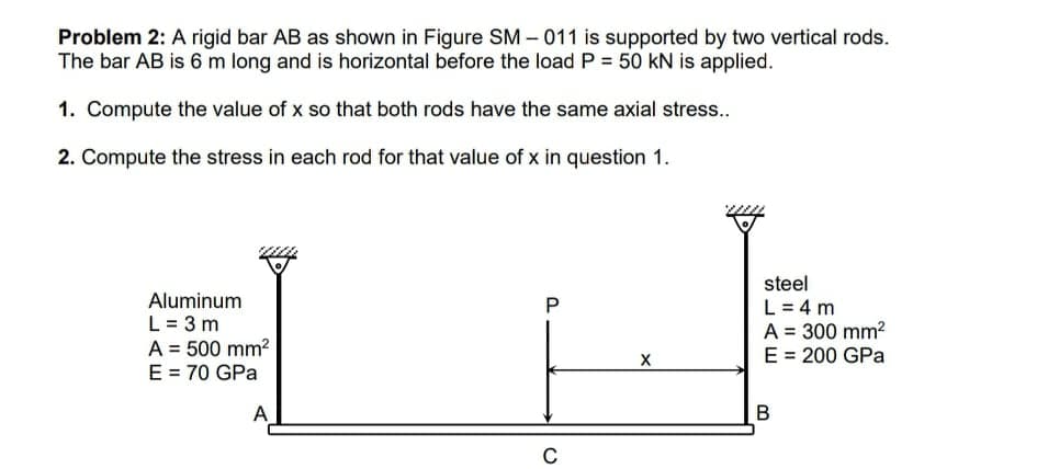 Problem 2: A rigid bar AB as shown in Figure SM – 011 is supported by two vertical rods.
The bar AB is 6 m long and is horizontal before the load P = 50 kN is applied.
1. Compute the value of x so that both rods have the same axial stres..
2. Compute the stress in each rod for that value of x in question 1.
steel
Aluminum
L = 3 m
A = 500 mm?
E = 70 GPa
L = 4 m
A = 300 mm?
E = 200 GPa
A
В
C
