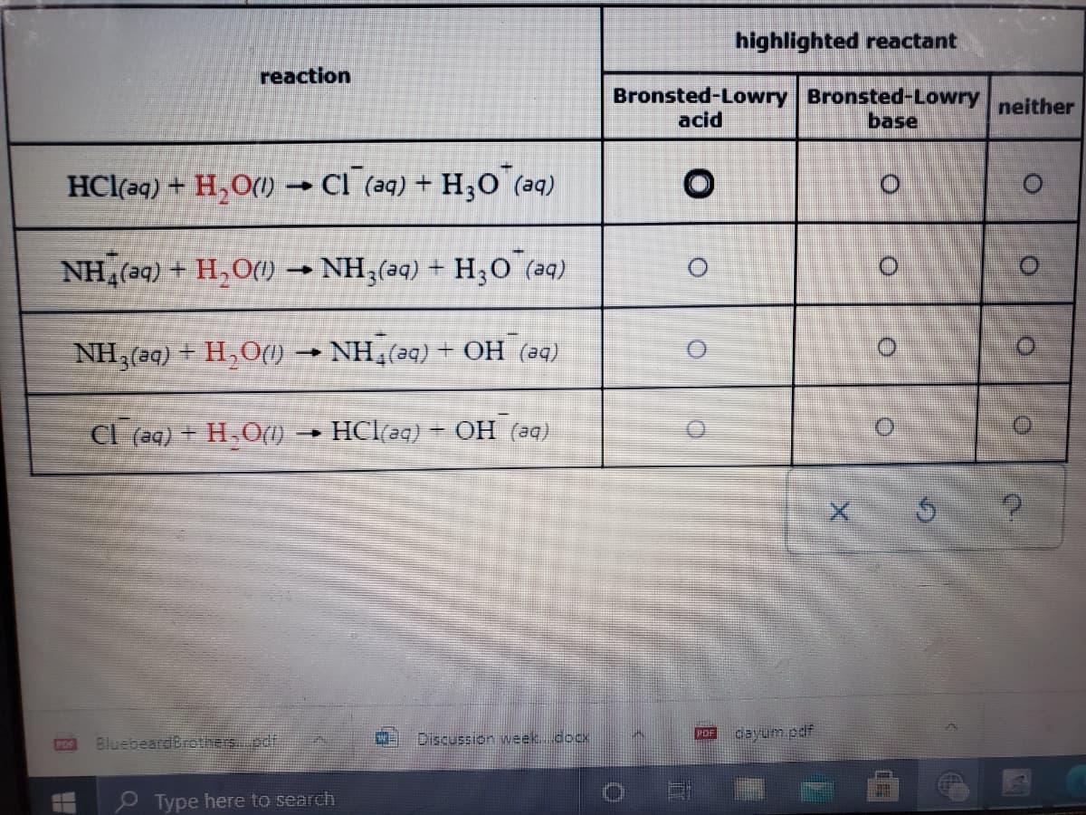 highlighted reactant
reaction
Bronsted-Lowry Bronsted-Lowry
base
neither
acid
HCl(aq) + H,O()
CI (aq) + H;O (aq)
NH, (aq)
+ H,O(1)
NH3(aq) + H3O (aq)
NH,(24) + H,O(1) → NH,(29) + OH (34)
Cl (e4) + H.O(1)
HCl(24) -
— ОН (аq)
dayum.pdf
POF
BluebeardBrothers...edf
Discussion week.docx
PDF
P Type here to search
O.
