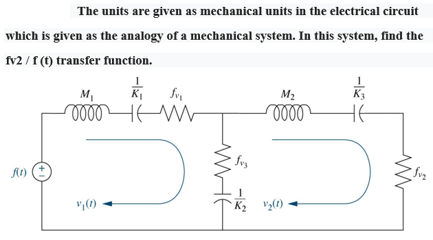 The units are given as mechanical units in the electrical circuit
which is given as the analogy of a mechanical system. In this system, find the
fv2 / f (t) transfer function.
1
K|
1
M1
fvi
M2
K3
HE
fvz
v,(1)
K2
V½(1)
WHE

