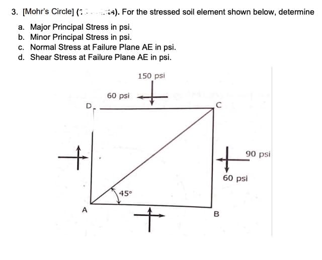 3. [Mohr's Circle] (:
). For the stressed soil element shown below, determine
a. Major Principal Stress in psi.
b. Minor Principal Stress in psi.
c. Normal Stress at Failure Plane AE in psi.
d. Shear Stress at Failure Plane AE in psi.
150 psi
60 psi
D.
90 psi
60 psi
45°
A
B
