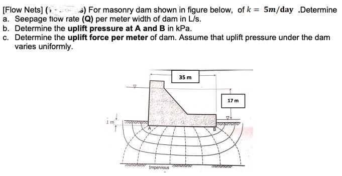 [Flow Nets] (
a. Seepage tlow rate (Q) per meter width of dam in L/s.
b. Determine the uplift pressure at A and B in kPa.
c. Determine the uplift force per meter of dam. Assume that uplift pressure under the dam
varies uniformly.
s) For masonry dam shown in figure below, of k = 5m/day .Determine
35 m
17 m
1m
Impervious

