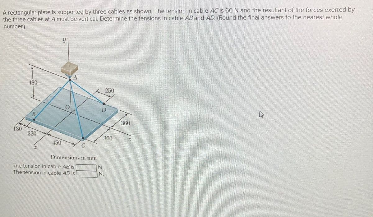 A rectangular plate is supported by three cables as shown. The tension in cable AC is 66 N and the resultant of the forces exerted by
the three cables at A must be vertical. Determine the tensions in cable AB and AD. (Round the final answers to the nearest whole
number.)
480
y
A
250
0
D
B
360
130
320
360
X
450
Dimensions in mm
The tension in cable AB is
The tension in cable AD is
N.
N.
13