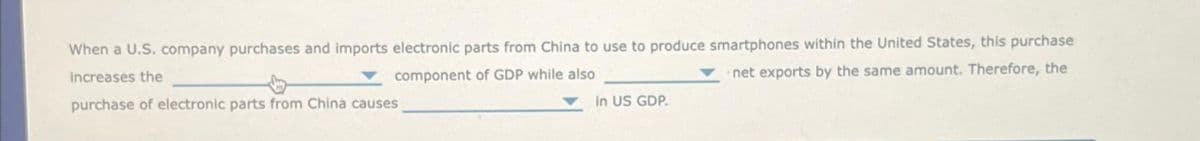 When a U.S. company purchases and imports electronic parts from China to use to produce smartphones within the United States, this purchase
increases the
net exports by the same amount. Therefore, the
component of GDP while also
purchase of electronic parts from China causes
in US GDP.