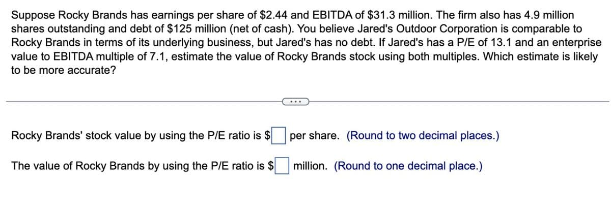 Suppose Rocky Brands has earnings per share of $2.44 and EBITDA of $31.3 million. The firm also has 4.9 million
shares outstanding and debt of $125 million (net of cash). You believe Jared's Outdoor Corporation is comparable to
Rocky Brands in terms of its underlying business, but Jared's has no debt. If Jared's has a P/E of 13.1 and an enterprise
value to EBITDA multiple of 7.1, estimate the value of Rocky Brands stock using both multiples. Which estimate is likely
to be more accurate?
Rocky Brands' stock value by using the P/E ratio is $
The value of Rocky Brands by using the P/E ratio is $
per share. (Round to two decimal places.)
million. (Round to one decimal place.)