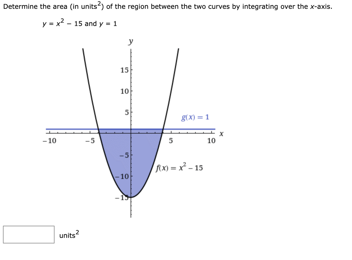 Determine the area (in units“) of the region between the two curves by integrating over the x-axis.
y = x?
15 and y = 1
y
15
10
g(x) = 1
-10
-5
5
10
-5
f(x) = x² – 15
- 10
-13
units?
