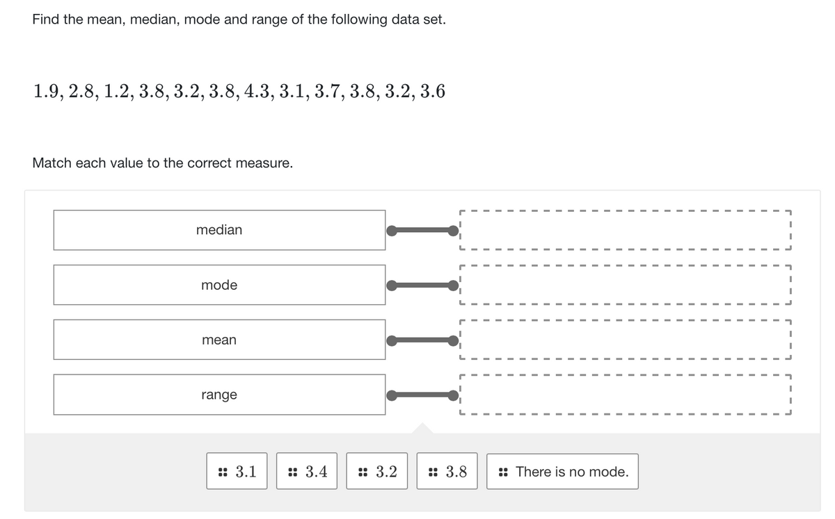 Find the mean, median, mode and range of the following data set.
1.9, 2.8, 1.2, 3.8, 3.2, 3.8, 4.3, 3.1, 3.7, 3.8, 3.2, 3.6
Match each value to the correct measure.
median
mode
mean
range
:: 3.1
:: 3.4
:: 3.2
: 3.8
:: There is no mode.
I III
