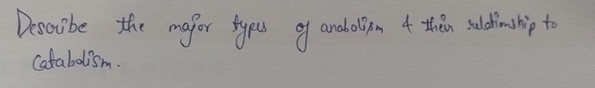 Describe the major types of anabolism 4 their relationship to
Catabolism.