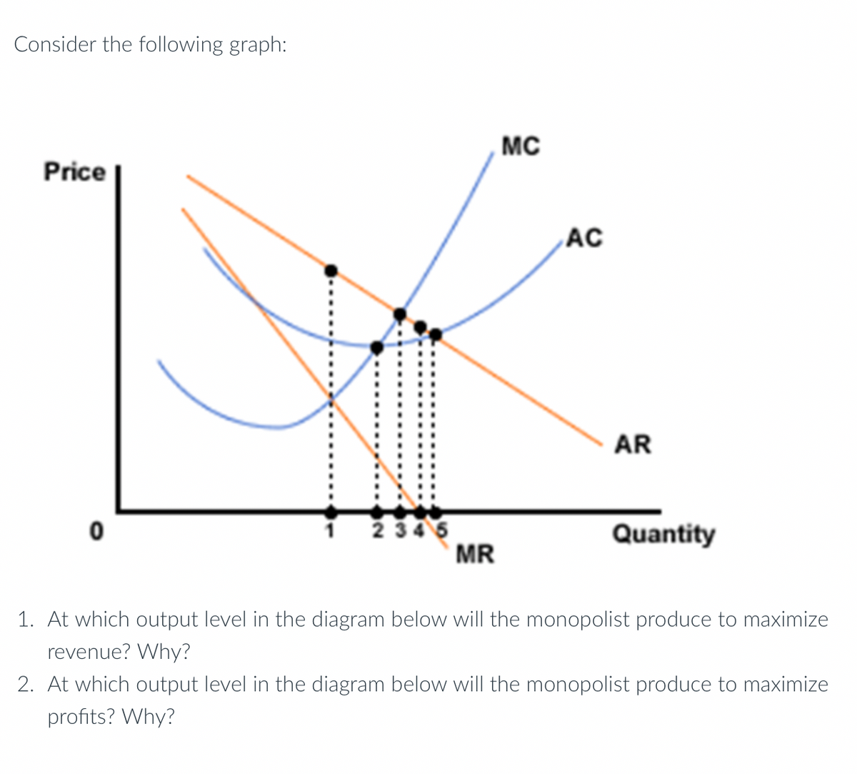 Consider the following graph:
Price
0
2345
MR
MC
AC
AR
Quantity
1. At which output level in the diagram below will the monopolist produce to maximize
revenue? Why?
2. At which output level in the diagram below will the monopolist produce to maximize
profits? Why?