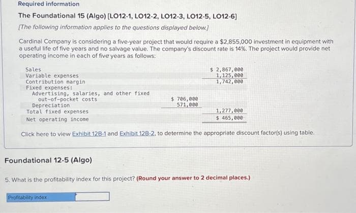 Required information
The Foundational 15 (Algo) [LO12-1, LO12-2, LO12-3, LO12-5, LO12-6]
[The following information applies to the questions displayed below.]
Cardinal Company is considering a five-year project that would require a $2,855,000 investment in equipment with
a useful life of five years and no salvage value. The company's discount rate is 14%. The project would provide net
operating income in each of five years as follows:
Sales
Variable expenses
Contribution margin
Fixed expenses:
Advertising, salaries, and other fixed
out-of-pocket costs
$ 706,000
571,000
$ 2,867,000
1,125,000
1,742,000
Depreciation
Total fixed expenses
Net operating income
Click here to view Exhibit 12B-1 and Exhibit 128-2, to determine the appropriate discount factor(s) using table.
Profitability index
1,277,000
$ 465,000
Foundational 12-5 (Algo)
5. What is the profitability index for this project? (Round your answer to 2 decimal places.)