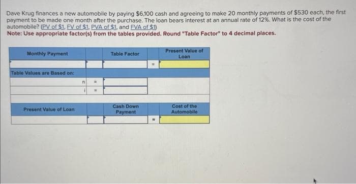 Dave Krug finances a new automobile by paying $6,100 cash and agreeing to make 20 monthly payments of $530 each, the first
payment to be made one month after the purchase. The loan bears interest at an annual rate of 12%. What is the cost of the
automobile? (PV of $1. FV of $1. PVA of $1. and FVA of $1)
Note: Use appropriate factor(s) from the tables provided. Round "Table Factor" to 4 decimal places.
Monthly Payment
Table Values are Based on:
Present Value of Loan
n
1
=
=
Table Factor
Cash Down
Payment
Present Value of
Loan
Cost of the
Automobile