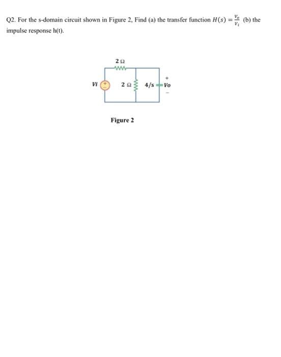 Q2. For the s-domain circuit shown in Figure 2, Find (a) the transfer function H(s) = (b) the
impulse response h(t).
VI
202
ww
294/s-Vo
Figure 2